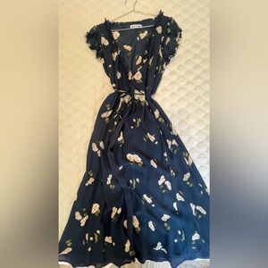 Reformation Gwenyth Wrap Dress in navy blue with ivory flowers